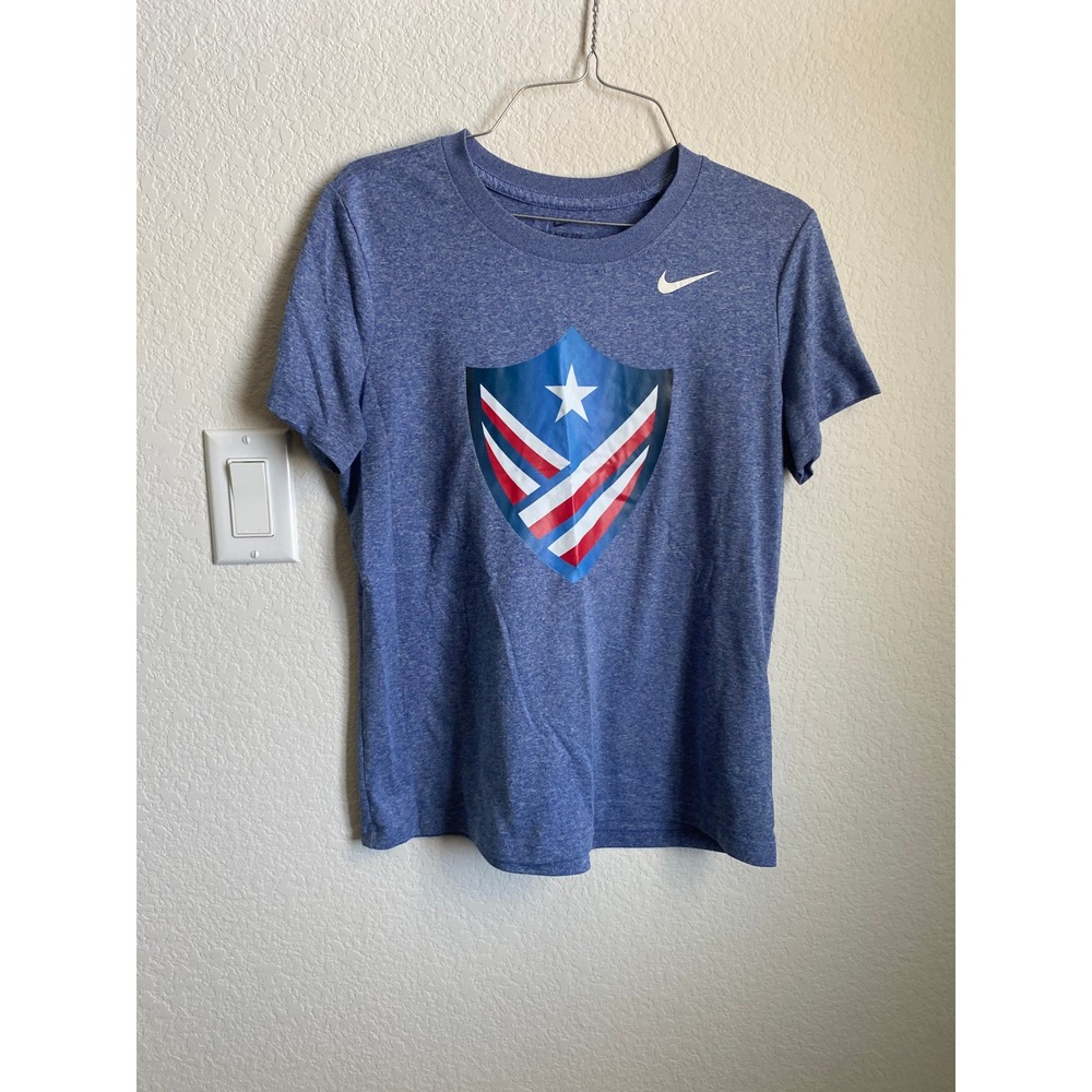 Nike Womens Heathered Shield Graphic Valor T-Shirt Size M Blue Dri-FIT Sporty